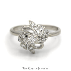 Vintage Floral Engagement Ring with Round Brilliant Cut Center & Single Cut Accents