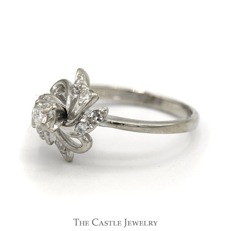 Vintage Floral Engagement Ring with Round Brilliant Cut Center & Single Cut Accents