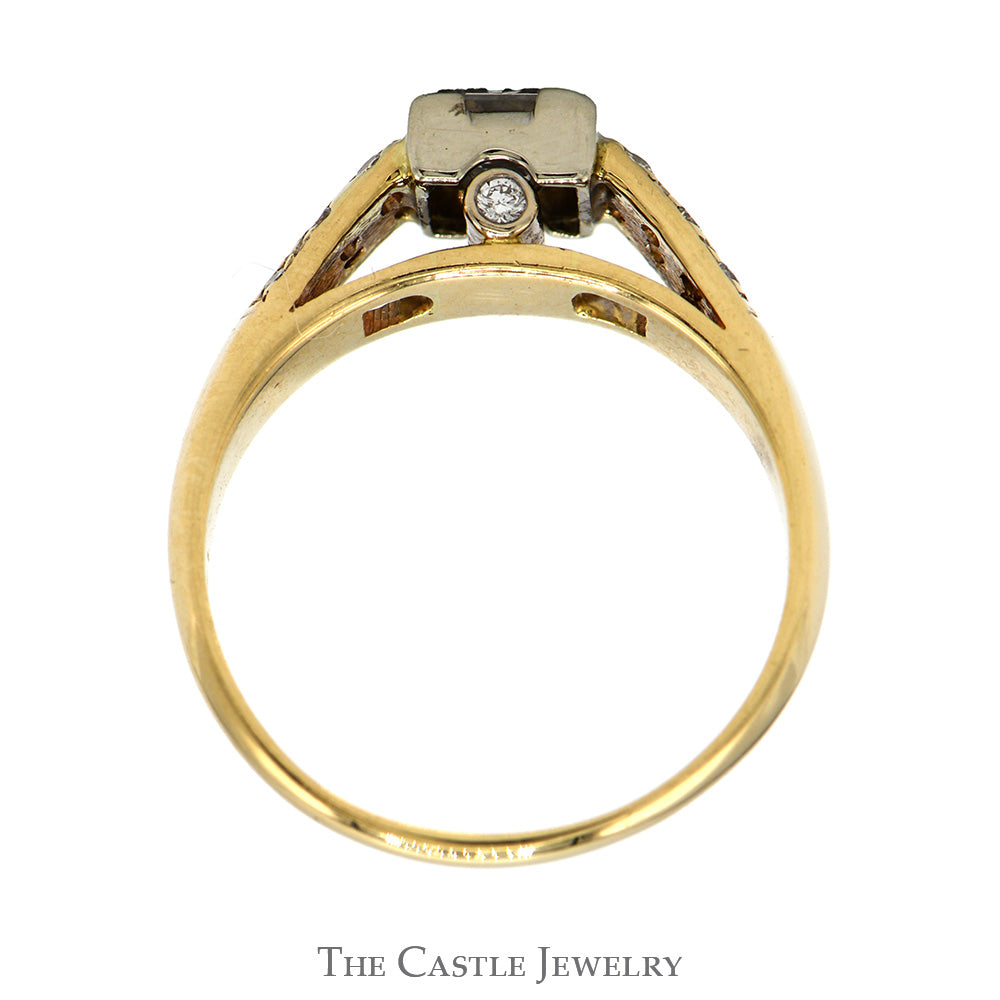 3/4cttw Tension Set Princess Cut Diamond Engagement Ring with Accented Sides in 14k Yellow Gold