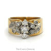 Vertical Three Stone Diamond Ring with Leaf Designed Diamond Accented Sides in 14k Yellow Gold - Thumbnail 1