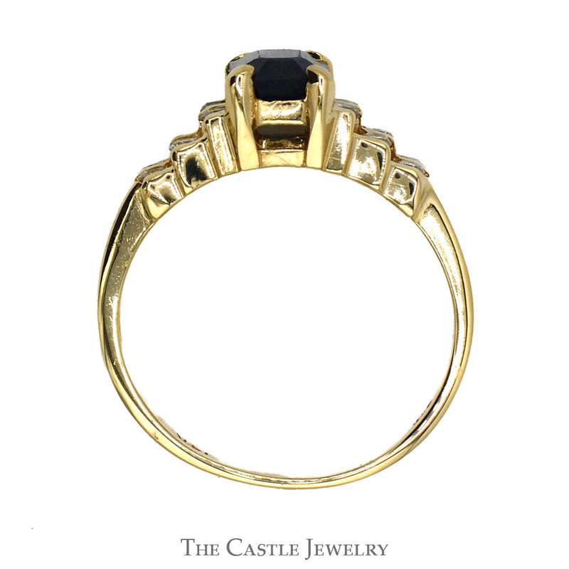 Emerald Cut Sapphire Ring with Two Rows of Round Diamond Accents in 14k Yellow Gold