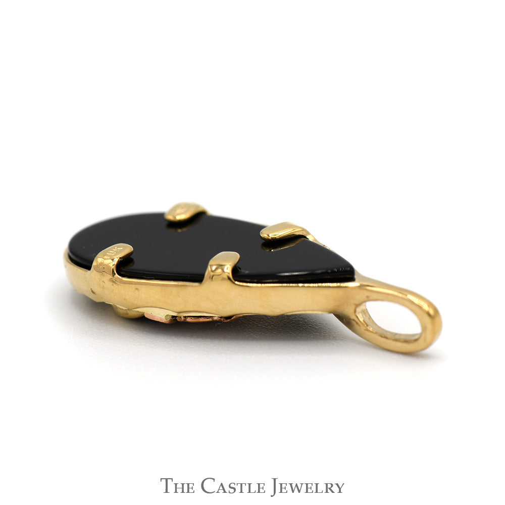Pear Cut Black Onyx Two Tone Leaf Designed Pendant in 10k Yellow and Rose Gold