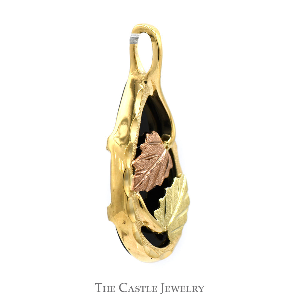 Pear Cut Black Onyx Two Tone Leaf Designed Pendant in 10k Yellow and Rose Gold