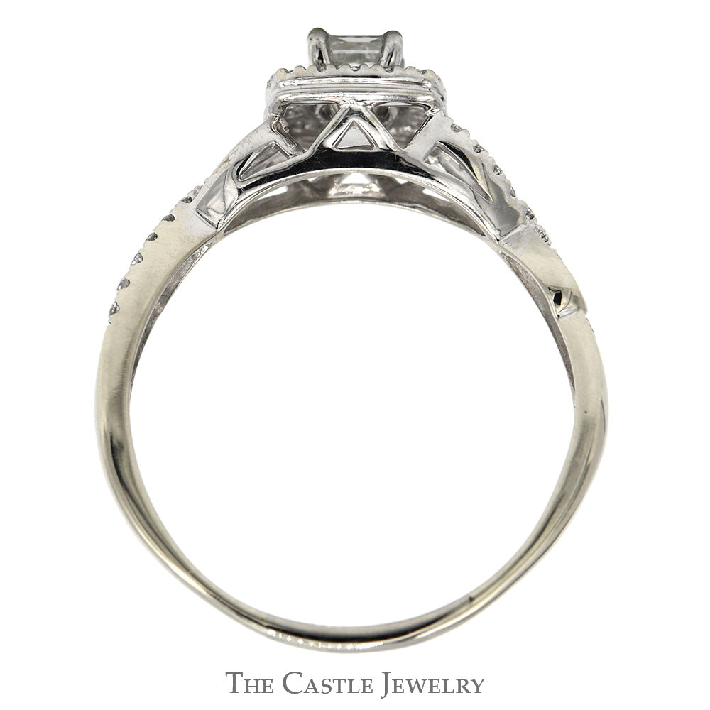 Princess Cut Diamond Engagement Ring with Diamond Halo and Diamond Accented Twisted Sides in 10k White Gold