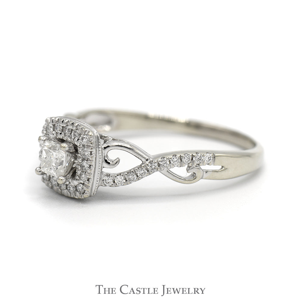 Princess Cut Diamond Engagement Ring with Diamond Halo and Diamond Accented Twisted Sides in 10k White Gold