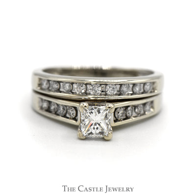 3/4cttw Princess Cut Diamond Bridal Set with Accents and Matching Soldered Band in 10k White Gold