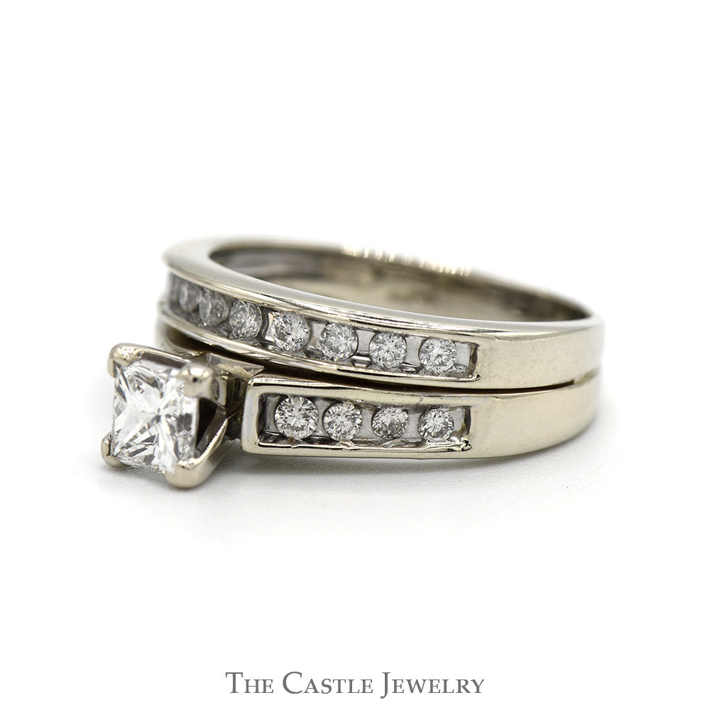 3/4cttw Princess Cut Diamond Bridal Set with Accents and Matching Soldered Band in 10k White Gold