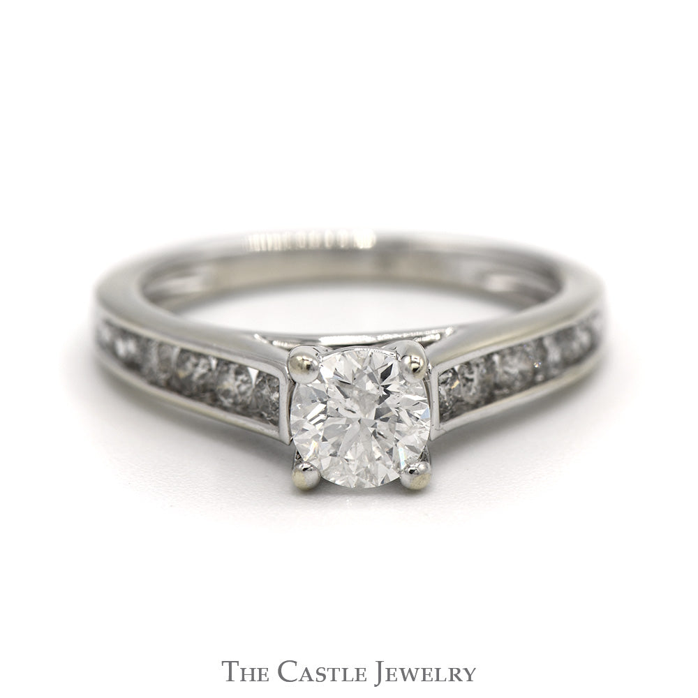 Round Diamond Engagement Ring with Channel Set Diamond Accented Sides in 14k White Gold