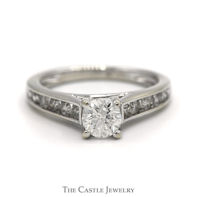 Round Diamond Engagement Ring with Channel Set Diamond Accented Sides in 14k White Gold