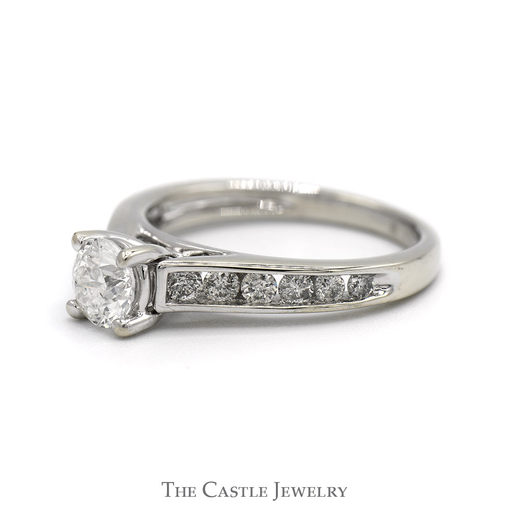 Round Diamond Engagement Ring with Channel Set Diamond Accented Sides in 14k White Gold