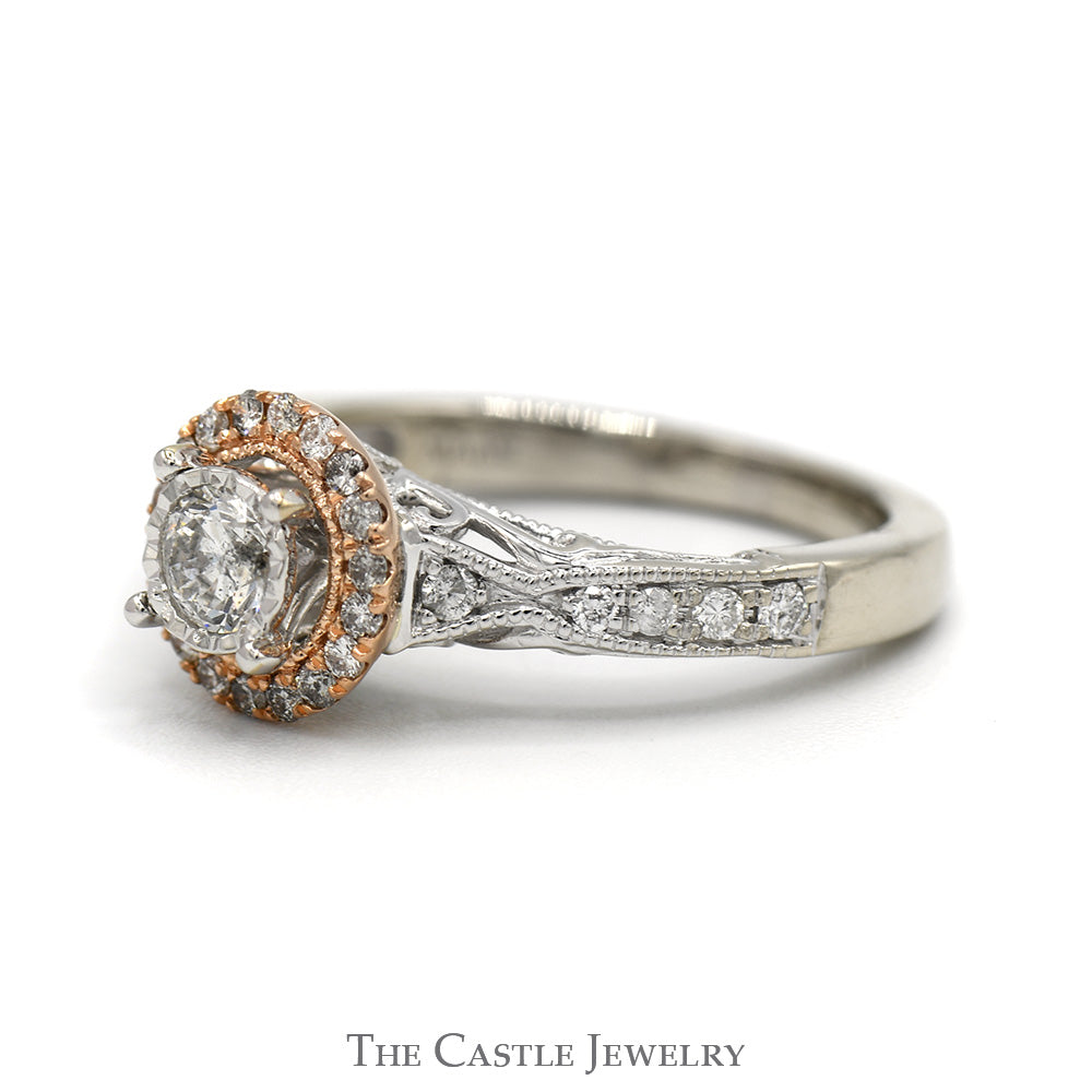 1/2cttw Round Diamond Engagement Ring with Diamond Halo and Diamond Accented Sides in 14k Rose & White Gold