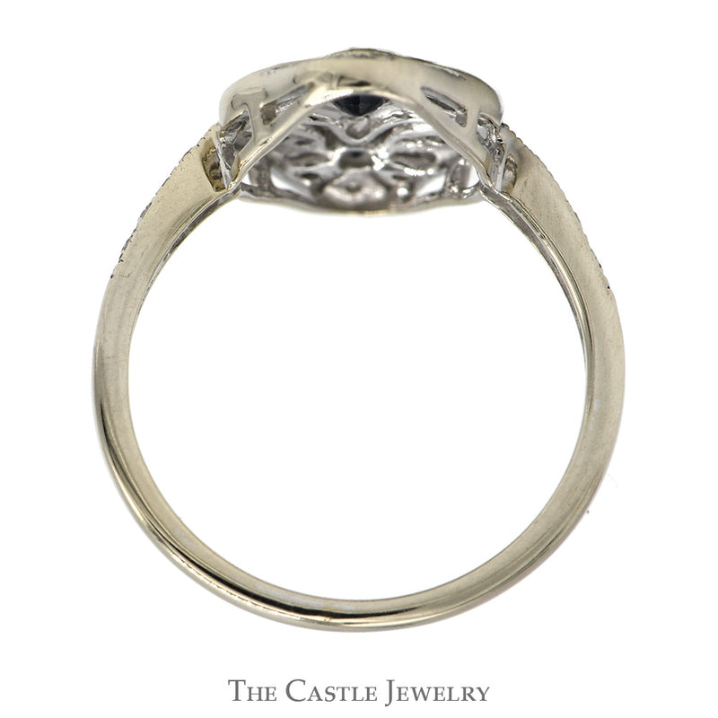 Antique Style Sapphire & Diamond Cluster Open Shield Ring in 14k White Gold