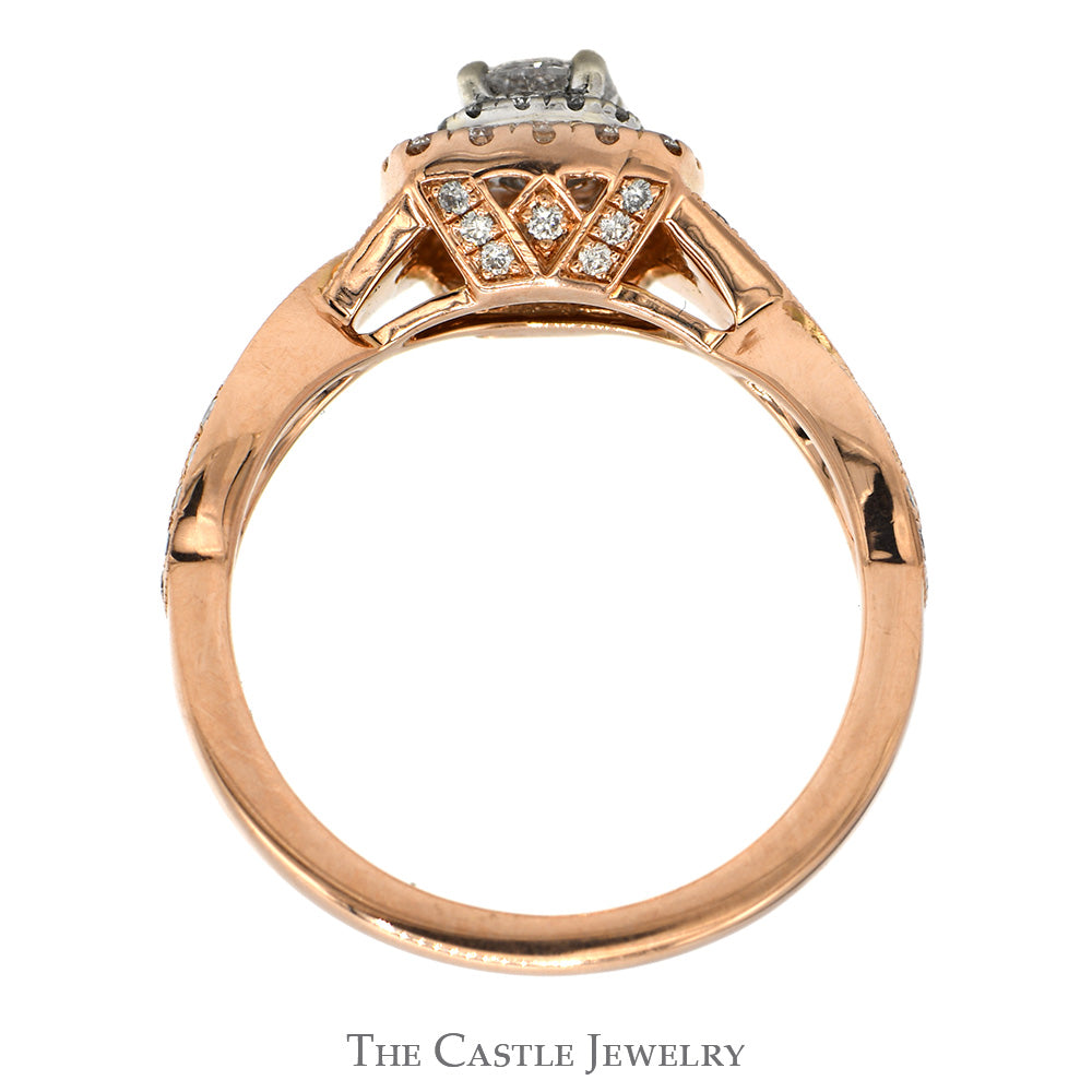 Round Diamond Le Vian Designer Engagement Ring with Diamond Halo and Diamond Accented Twisted Sides in 14k Rose Gold