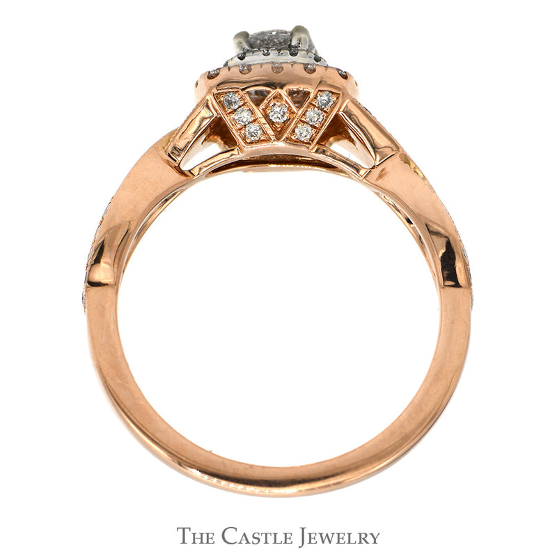 Round Diamond Le Vian Designer Engagement Ring with Diamond Halo and Diamond Accented Twisted Sides in 14k Rose Gold