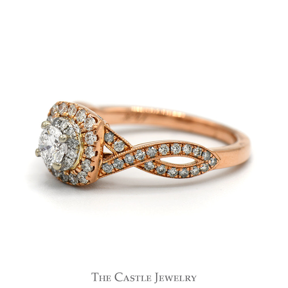 Round Diamond Le Vian Designer Engagement Ring with Diamond Halo and Diamond Accented Twisted Sides in 14k Rose Gold