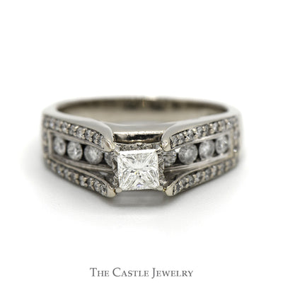 1cttw Princess Cut Diamond Engagement Ring with Channel Set Diamond Accents in 14k White Gold