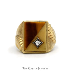 Men's Tiger's Eye & White Onyx Signet Ring with Diamond Accent in 10k Yellow Gold