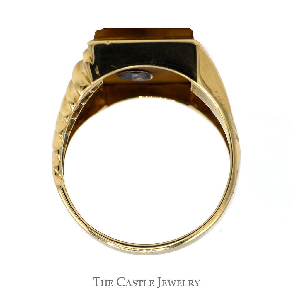 Men's Tiger's Eye & White Onyx Signet Ring with Diamond Accent in 10k Yellow Gold