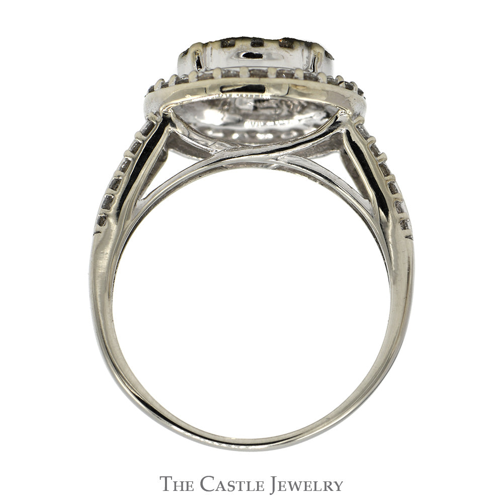 1cttw Round Diamond Cluster Ring with Diamond Halos & Accented Sides in 10k White Gold Split Shank Setting