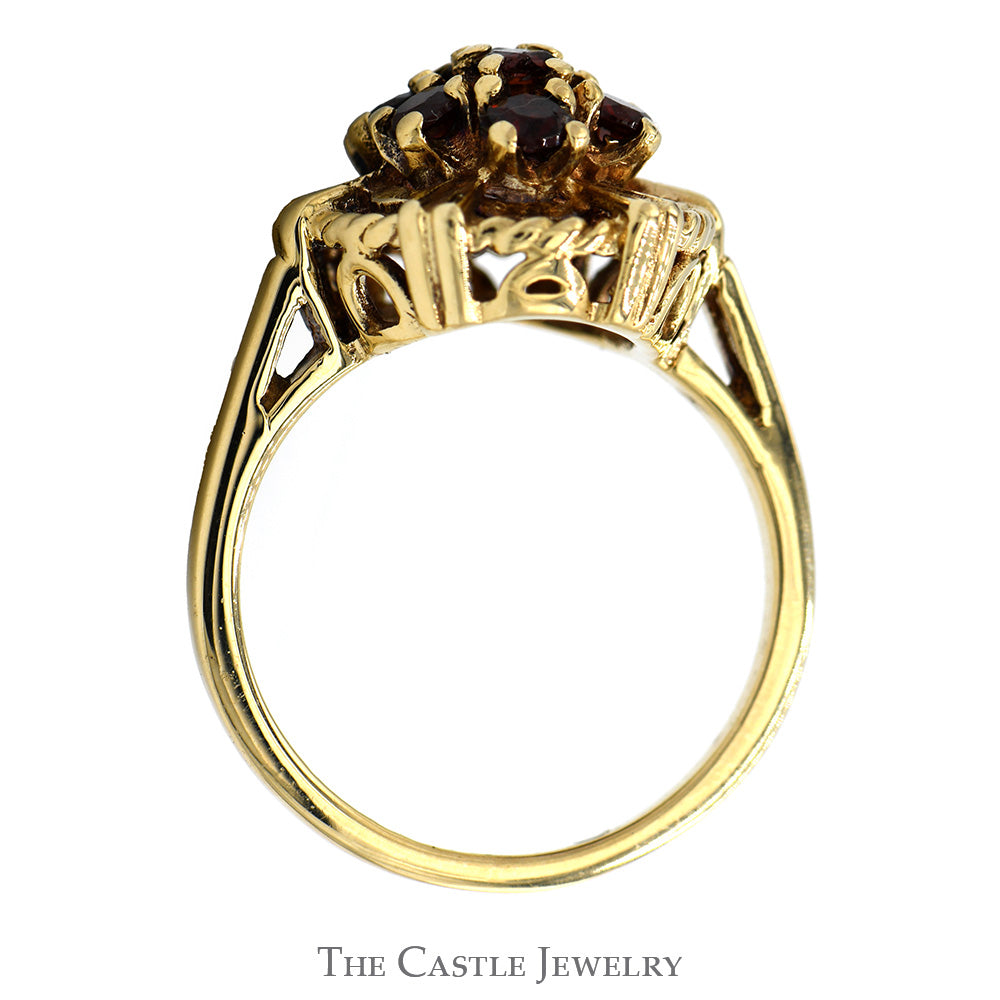 Garnet Cluster Ring with Rope Designed Bezel in 10k Yellow Gold