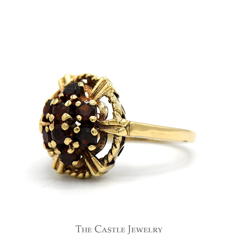 Garnet Cluster Ring with Rope Designed Bezel in 10k Yellow Gold