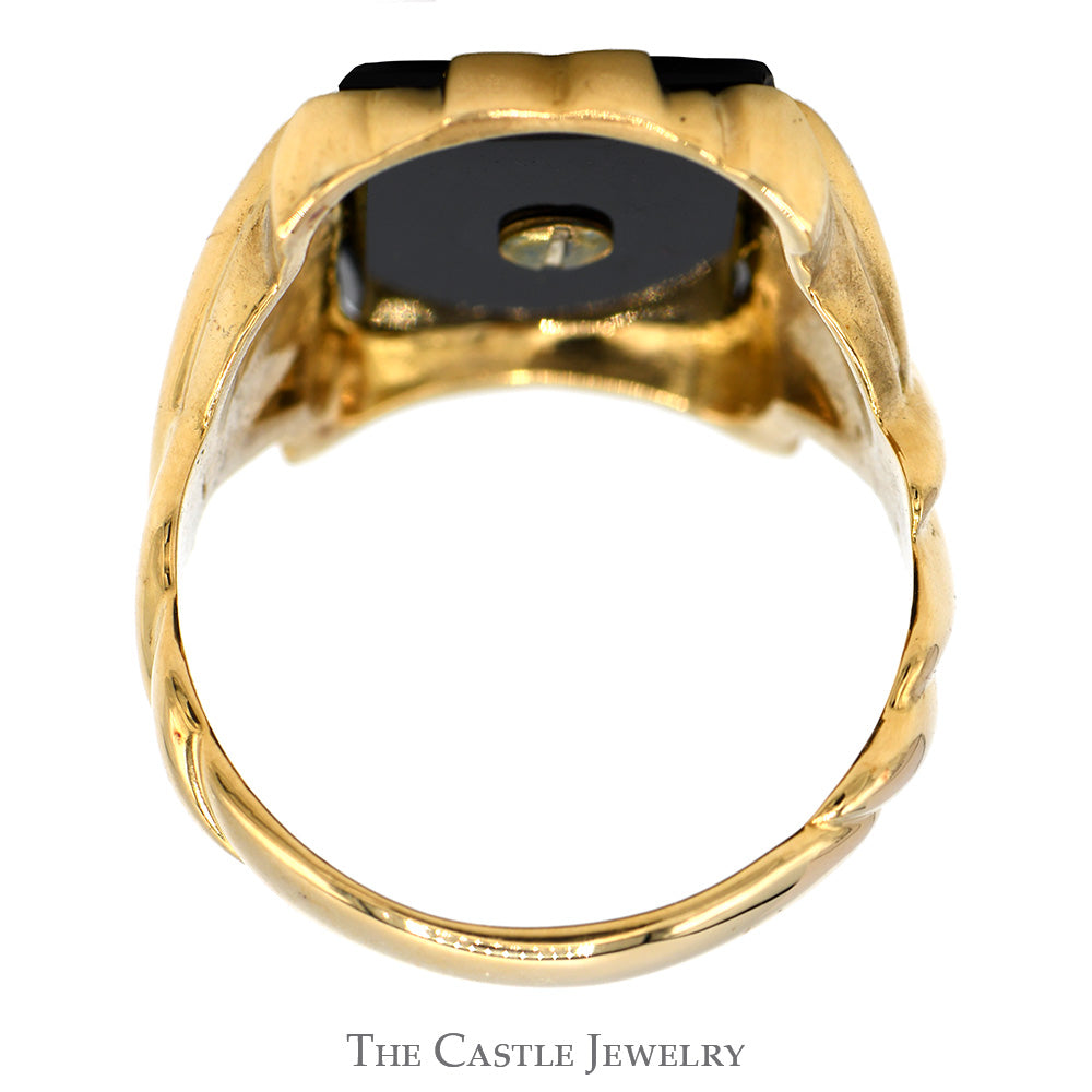 Men's Black Onyx Ring with Ornate "D" Overlay in 10k Yellow Gold