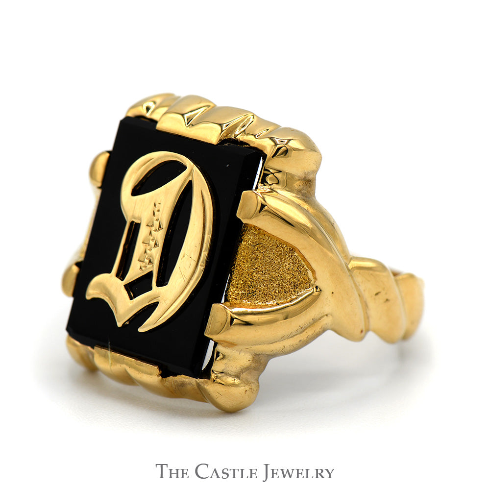 Men's Black Onyx Ring with Ornate "D" Overlay in 10k Yellow Gold