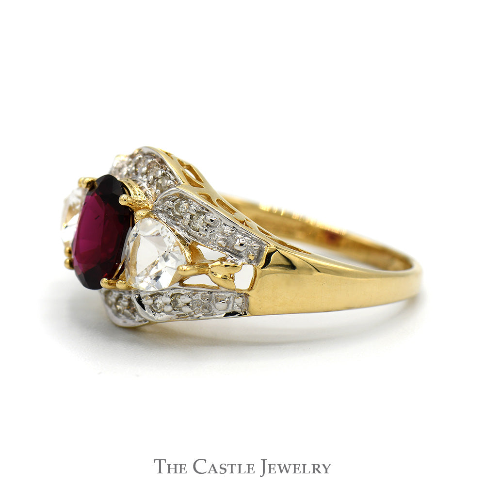 Oval Cut Rhodalite Garnet Ring with Trillion Cut Cubic Zirconia & Diamond Accents in 14k Yellow Gold