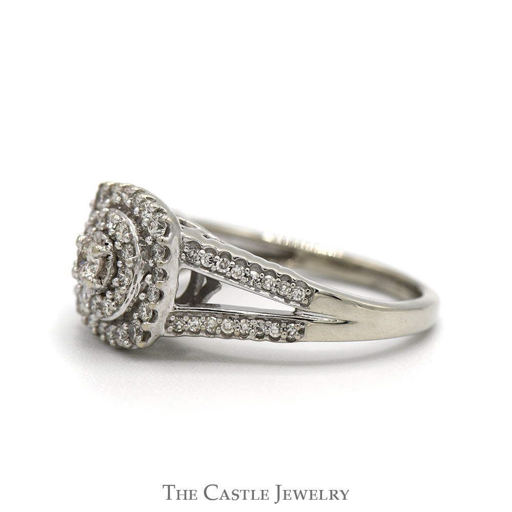 1/2cttw Round Diamond Engagement Ring with Double Diamond Halo and Accented Split Shank Sides in 10k White Gold