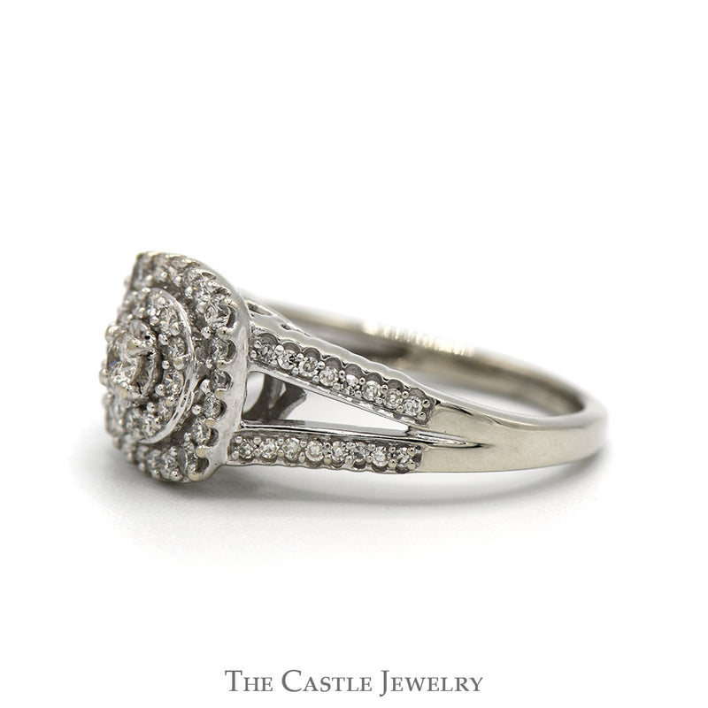 1/2cttw Round Diamond Engagement Ring with Double Diamond Halo and Accented Split Shank Sides in 10k White Gold