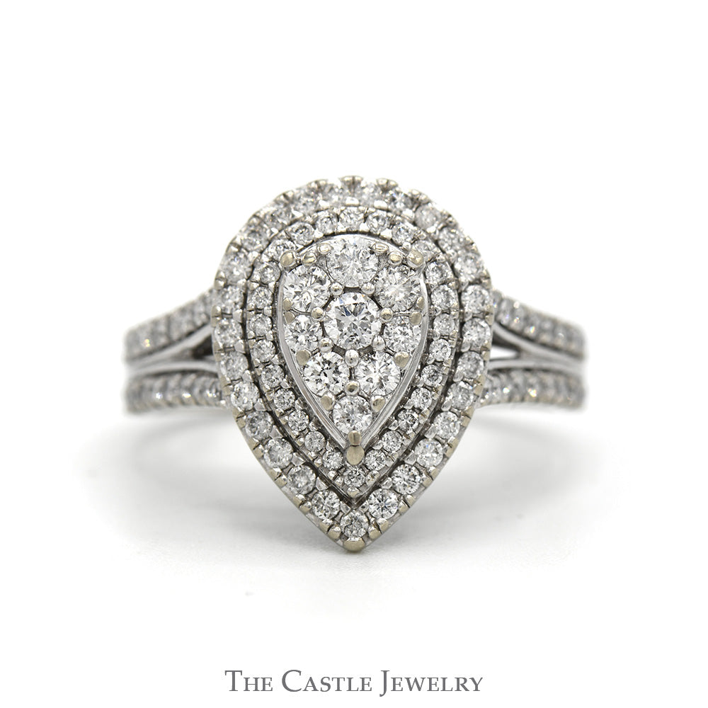 Pear Shaped 1cttw Diamond Cluster Engagement Ring with Double Diamond Halo & Accented Sides in 10k White Gold