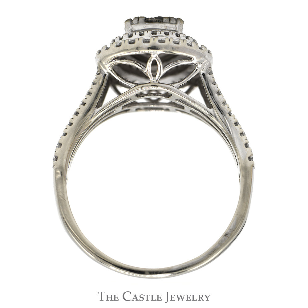 Pear Shaped 1cttw Diamond Cluster Engagement Ring with Double Diamond Halo & Accented Sides in 10k White Gold