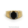 Oval Black Onyx Ring with Diamond Accented Sides in 10k Yellow Gold Ridged Mounting - Thumbnail 1