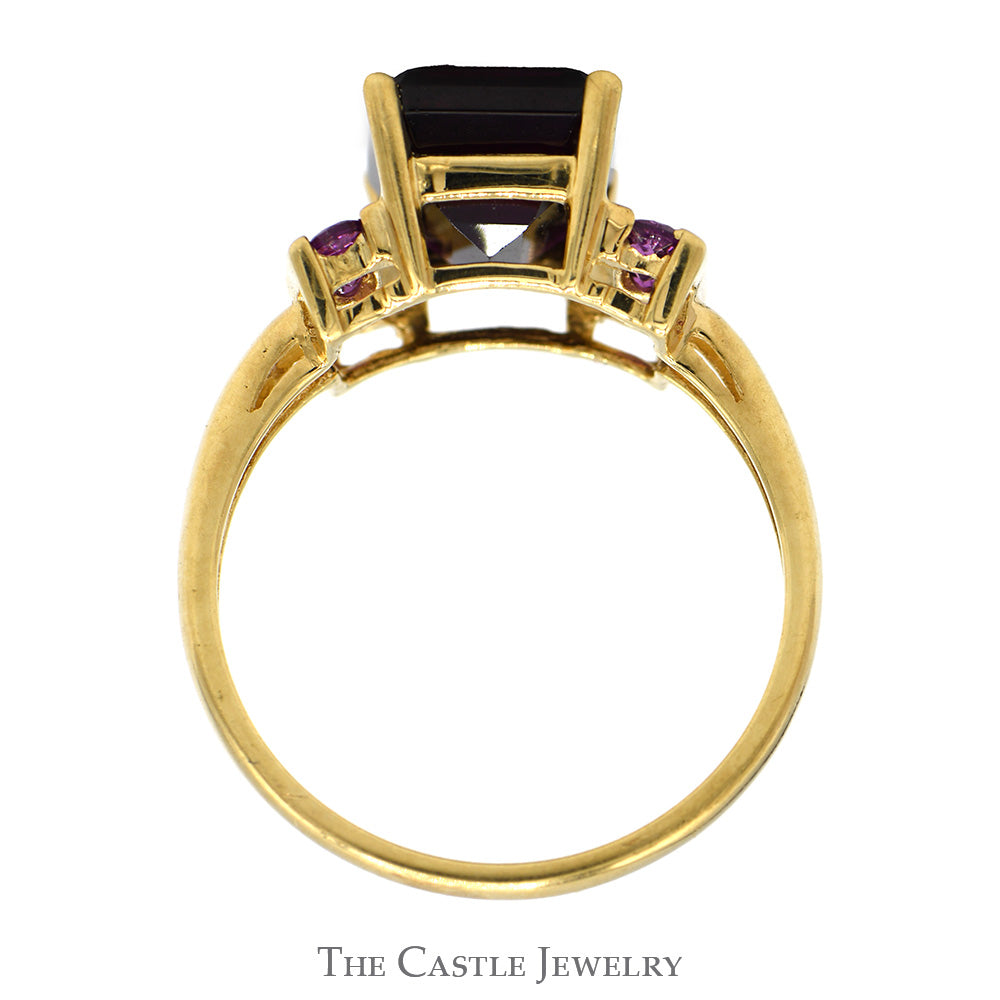 Emerald Cut Rhodolite Garnet Ring with Accented Sides in 10k Yellow Gold