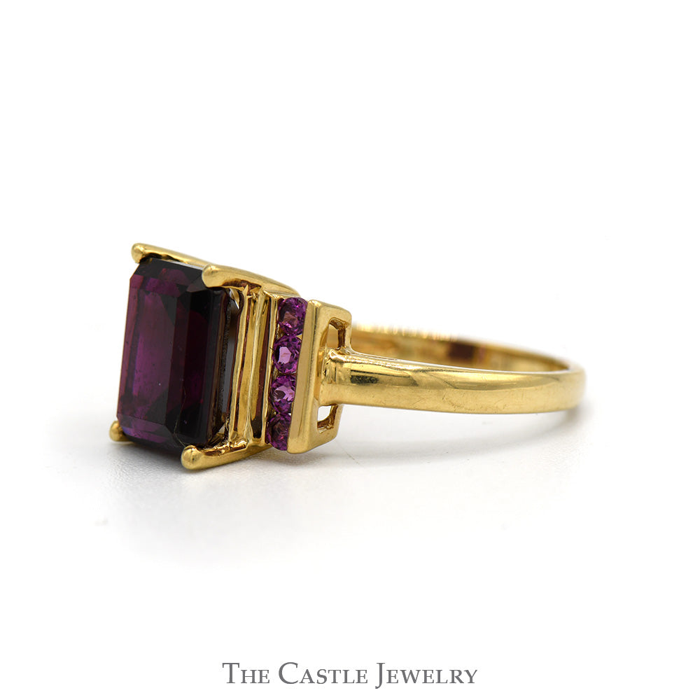 Emerald Cut Rhodolite Garnet Ring with Accented Sides in 10k Yellow Gold