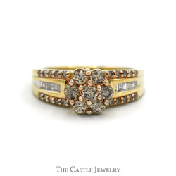 7 Round Champaign Diamond Cluster Ring with Diamond Accented Sides in 10k Yellow Gold