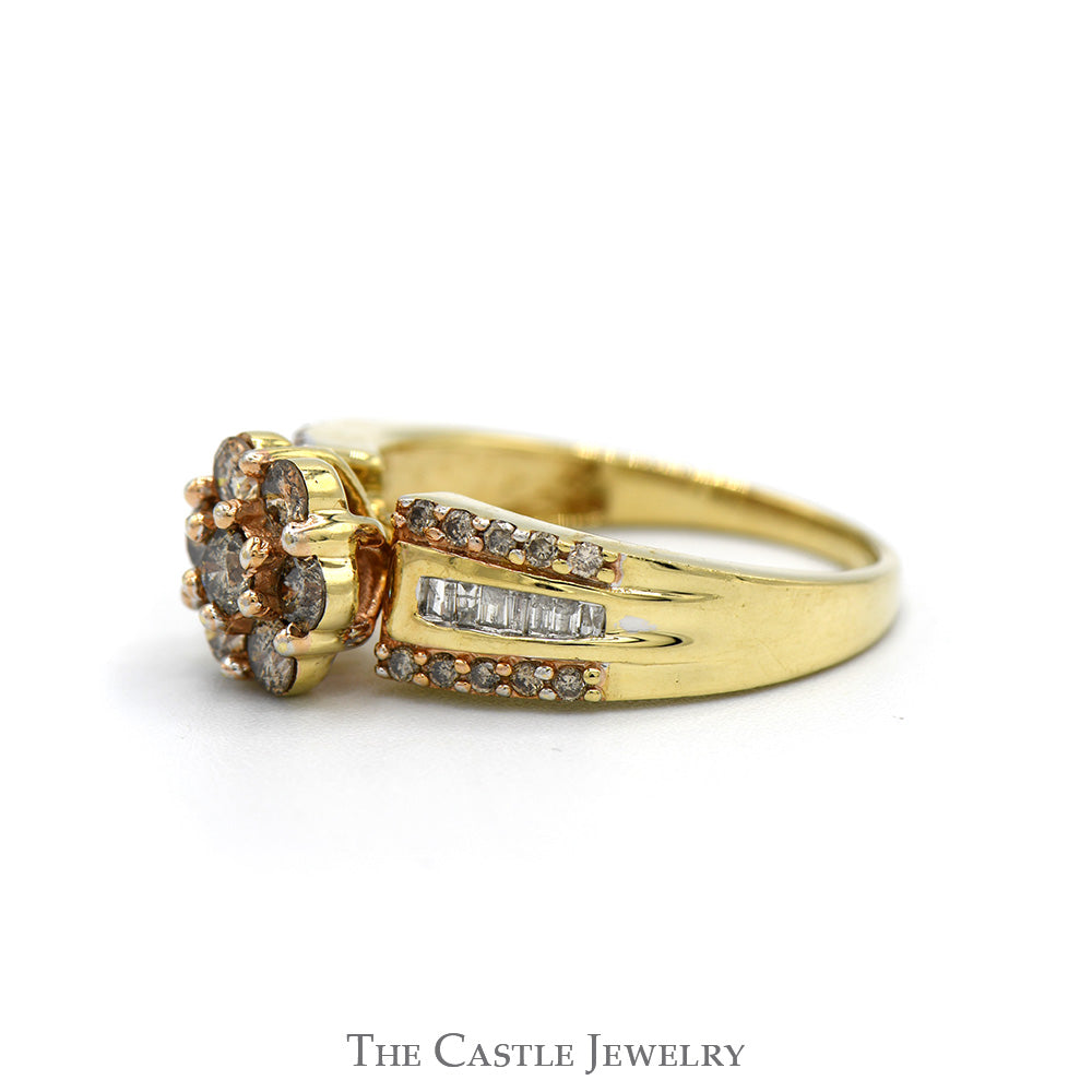 7 Round Champaign Diamond Cluster Ring with Diamond Accented Sides in 10k Yellow Gold