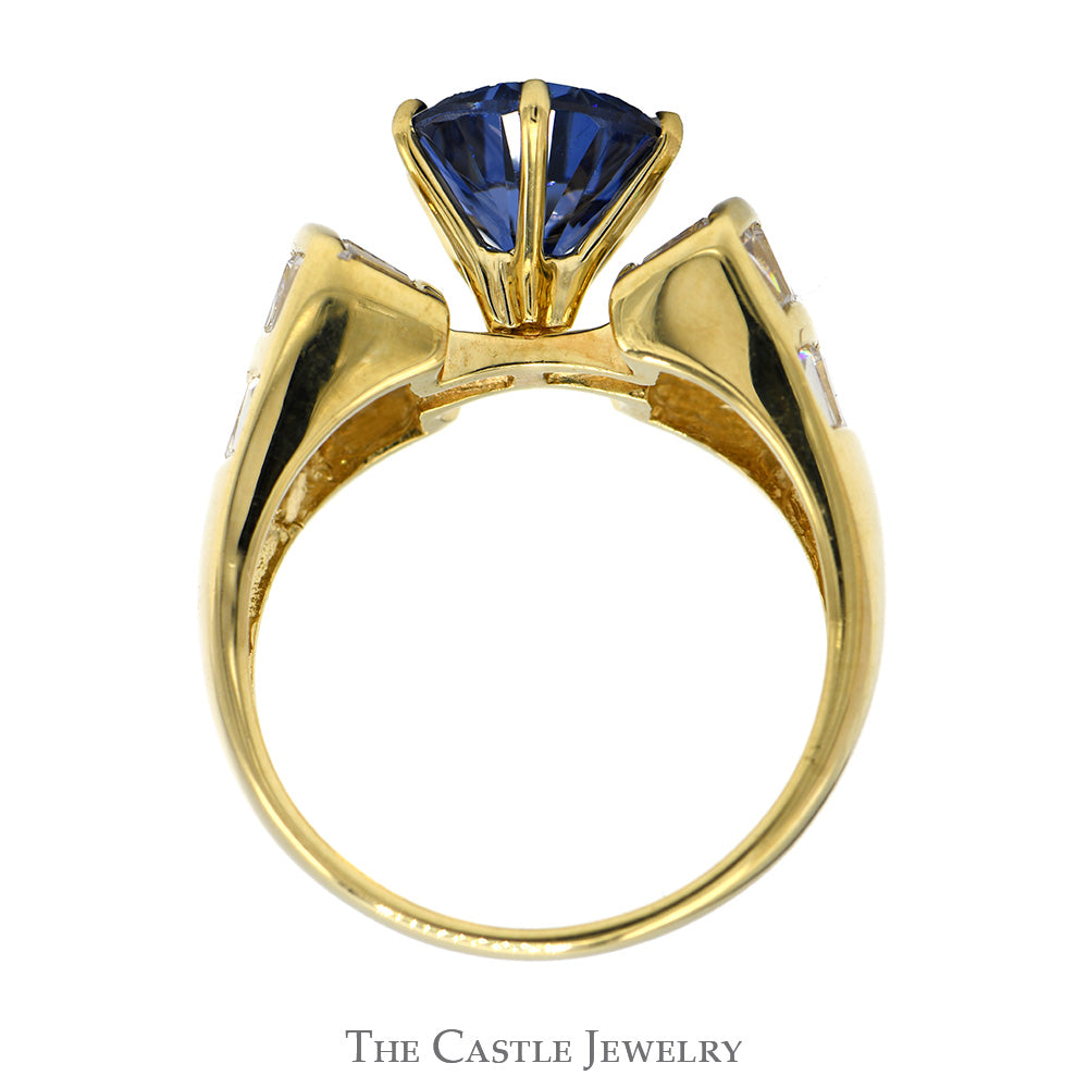 Round Synthetic Sapphire Ring with Channel Set Baguette Cut Cubic Zirconia Accents in 10k Yellow Gold