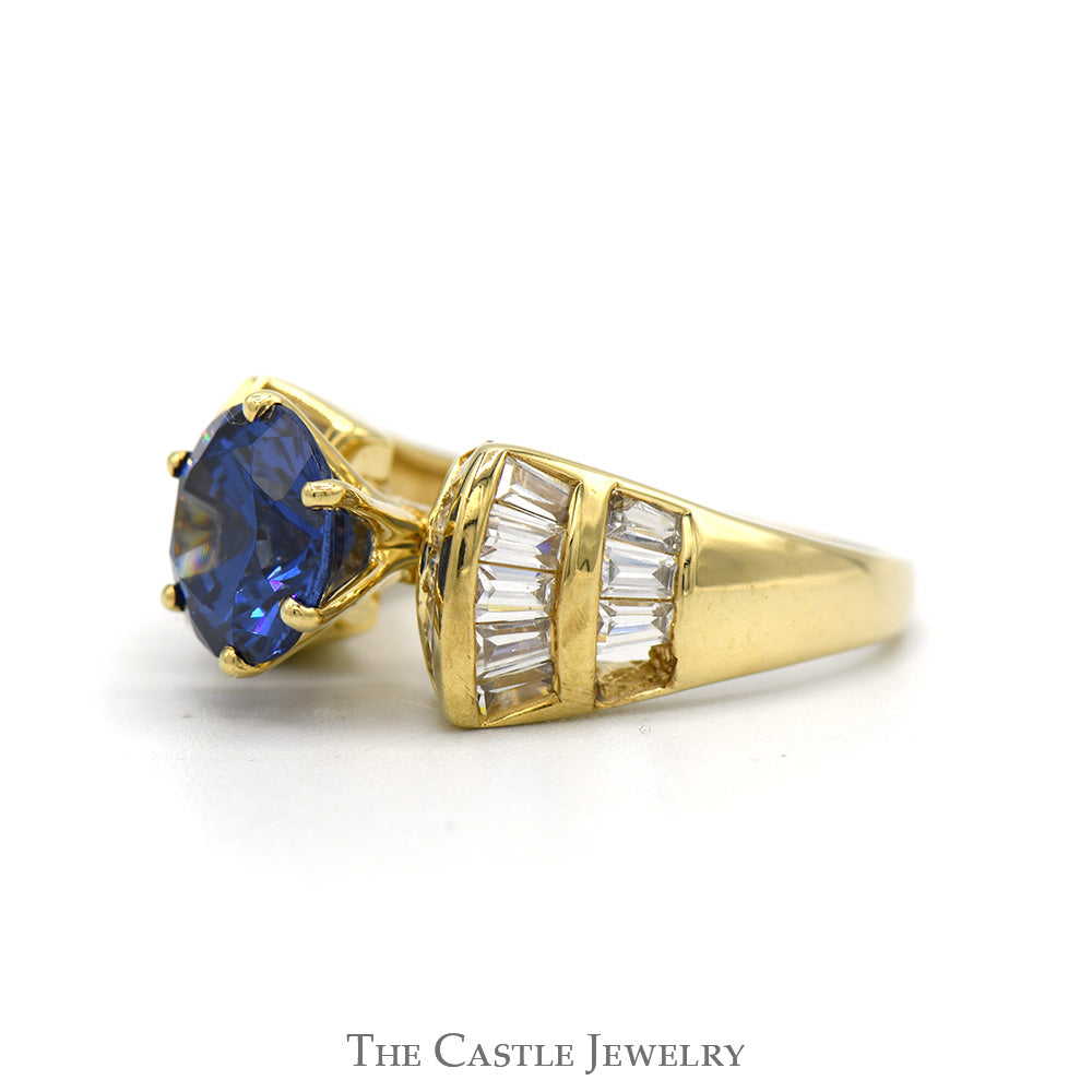 Round Synthetic Sapphire Ring with Channel Set Baguette Cut Cubic Zirconia Accents in 10k Yellow Gold