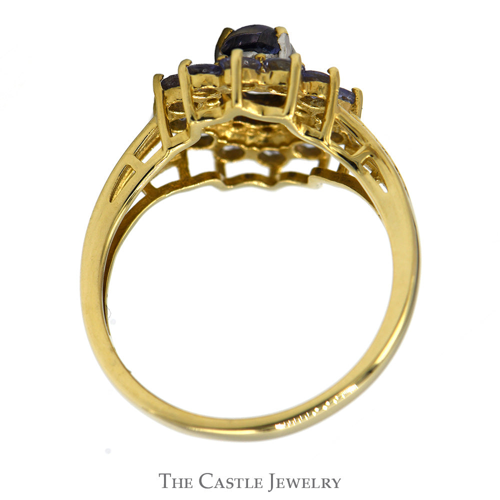 Oval Cabochon Tanzanite Ring with Round Tanzanite and Illusion Set Diamond Halo in 10k Yellow Gold