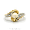 Pearl Ring with Baguette Cut Diamond Accents in 10k Yellow Gold Swirled Bypass Setting - Thumbnail 1