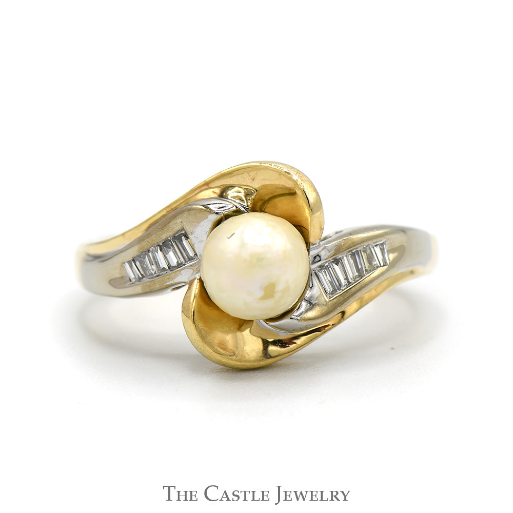 Pearl Ring with Baguette Cut Diamond Accents in 10k Yellow Gold Swirled Bypass Setting