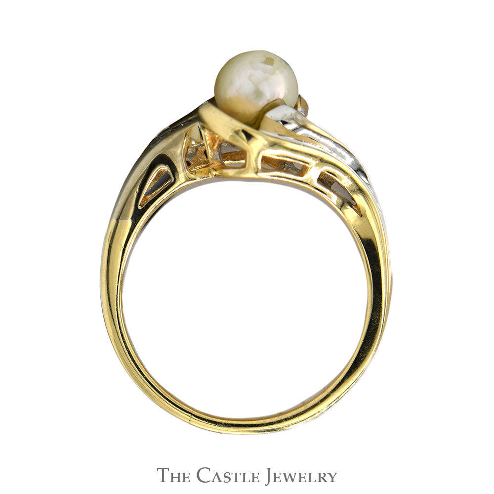 Pearl Ring with Baguette Cut Diamond Accents in 10k Yellow Gold Swirled Bypass Setting