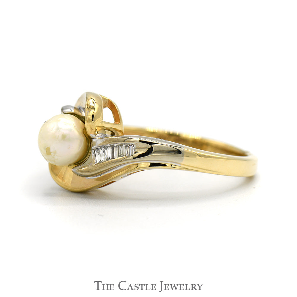 Pearl Ring with Baguette Cut Diamond Accents in 10k Yellow Gold Swirled Bypass Setting