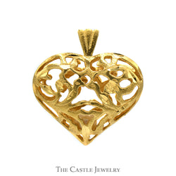 Open Filigree Heart Pendant with Caged Round Pearl Inside in 14k Yellow Gold