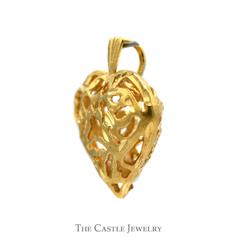 Open Filigree Heart Pendant with Caged Round Pearl Inside in 14k Yellow Gold