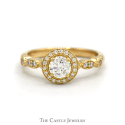 3/4cttw Round Diamond Solitaire Engagement Ring with Diamond Halo and Accented Sides in 14k Yellow Gold