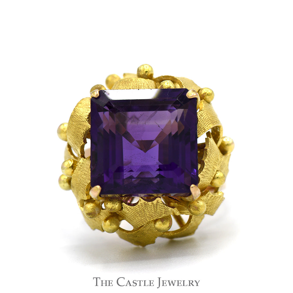Square Cut Amethyst Ring with Brushed Leaf Inspired Bezel in 14k Yellow Gold