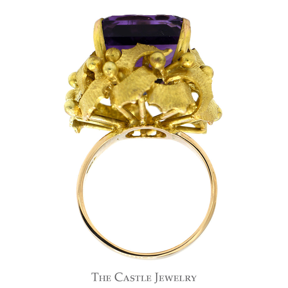 Square Cut Amethyst Ring with Brushed Leaf Inspired Bezel in 14k Yellow Gold