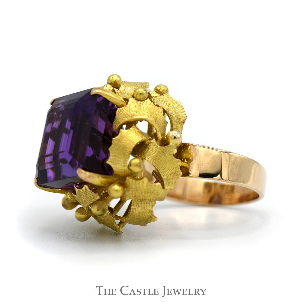 Square Cut Amethyst Ring with Brushed Leaf Inspired Bezel in 14k Yellow Gold